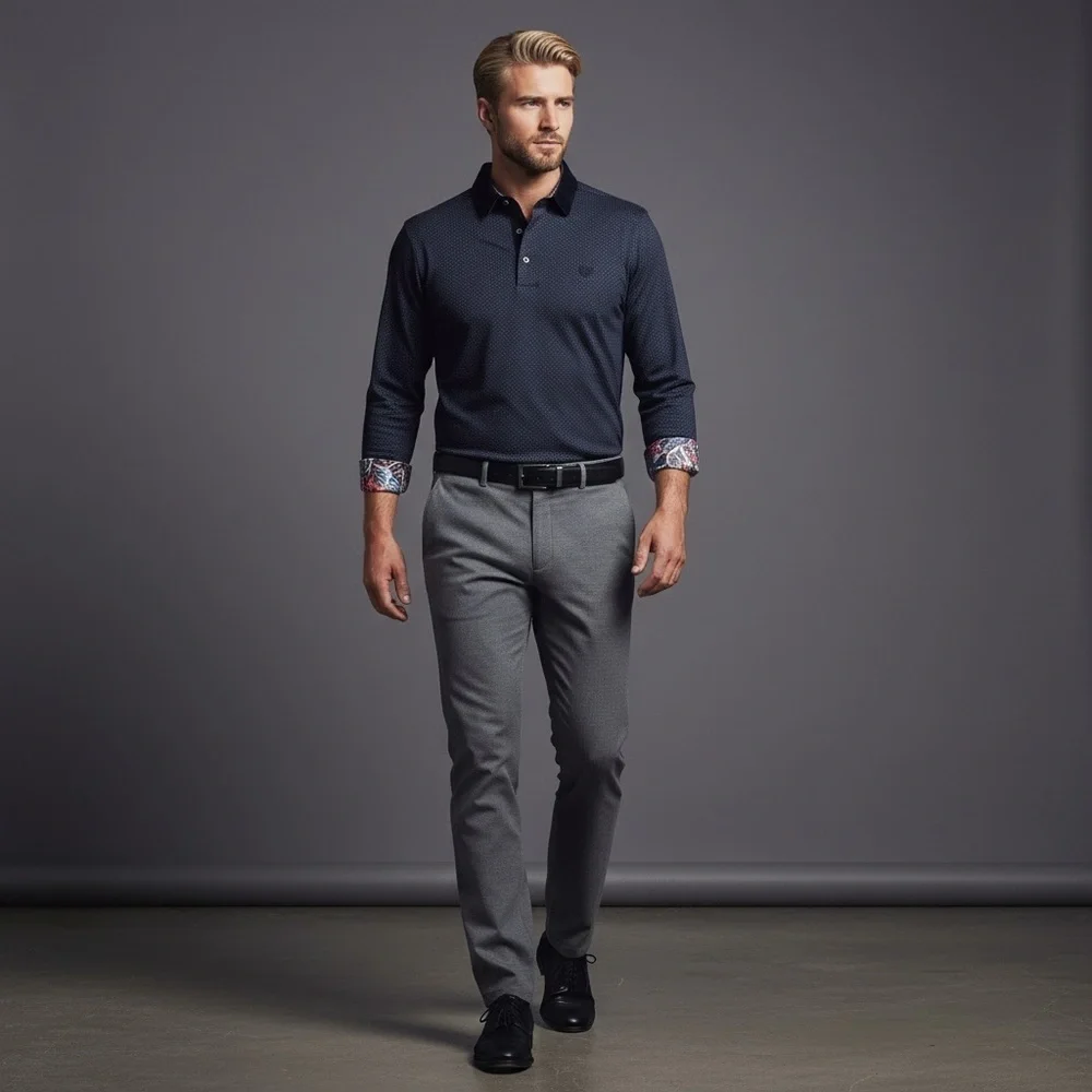 Au Noir 2XL Mercerised Cotton Shirt – Navy Geometric Button-Up w/ Contrast Trim